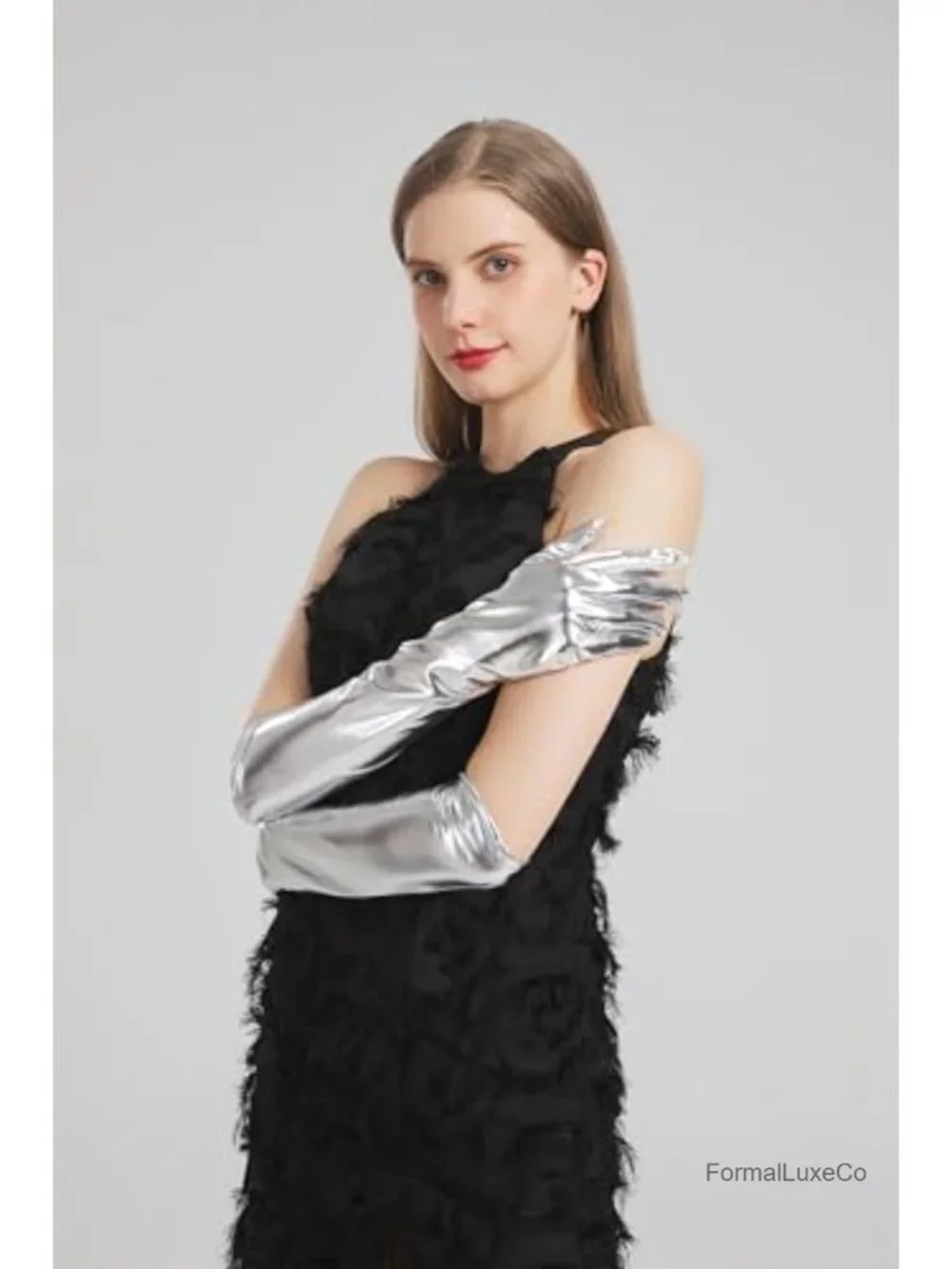 Metallic Elbow Length Gloves Women Costume Opera Cosplay Faux Leather